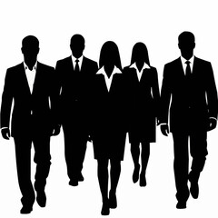 Silhouettes of diverse business professionals walking forward in a group.