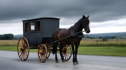 A dark horse pulls a traditional black carriage on a rural road under a cloudy dramatic sky