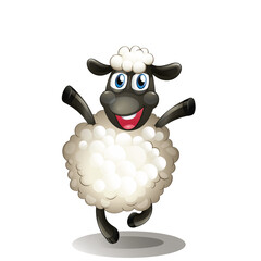 Cheerful cartoon sheep with fluffy white wool dancing happily with arms raised in celebration and a bright smile expressing joy and playful energy