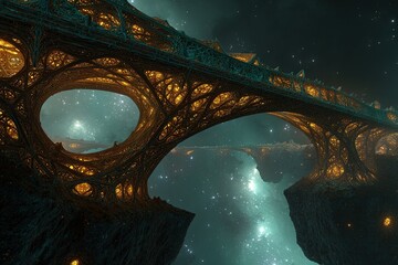 Glowing Teal And Gold Cosmic Structure In Outer Space