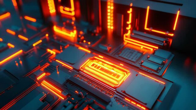 Glowing circuit board processing digital data in cyberspace