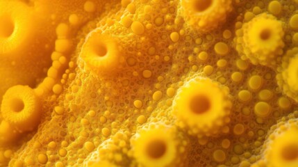 Macro shot of pollen grains on a flower stamen, intricate details, vibrant yellow