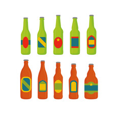 Assorted beer bottles in green and orange hues with colorful labels arranged in two rows against a stark creating a visually appealing and modern composition