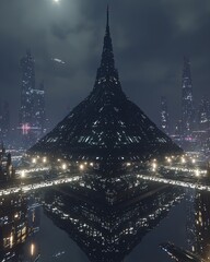Futuristic Dark City at Night with Tower Reflection