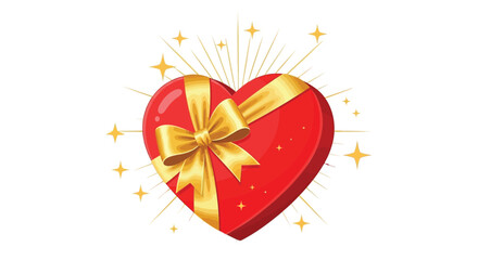 A vibrant red heart shaped gift box adorned with a golden ribbon and bow surrounded by sparkling golden starbursts and confetti