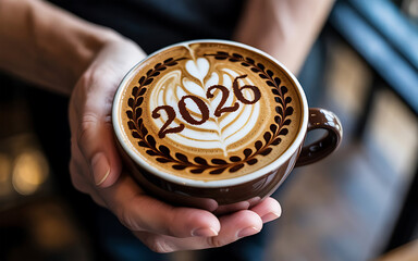 A cup of cappuccino with 2026 written in foam art