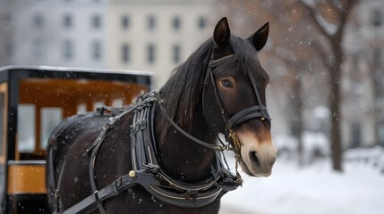 Fototapeta premium A horse wearing a harness stands ready to pull a carriage in a snowy winter landscape