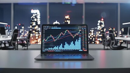 Laptop displaying stock market data in an office setting with city lights in the background. - Powered by Adobe