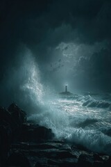 Lighthouse At Night On Stormy Ocean