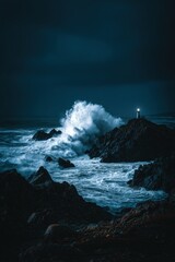 Dark Stormy Night Ocean Waves With Lighthouse