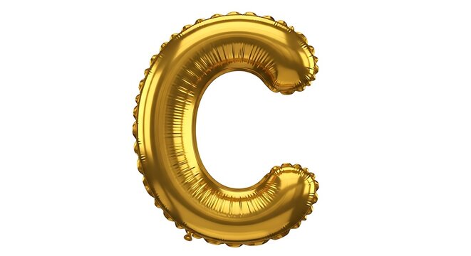 A shiny golden balloon in the shape of the letter c, isolated on a white background