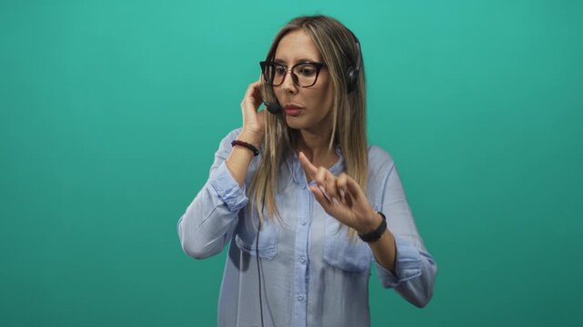 Young hispanic blonde woman holding a headset and touching her ear in a teal studio wearing glasses and a light blue shirt; customer support concentration.