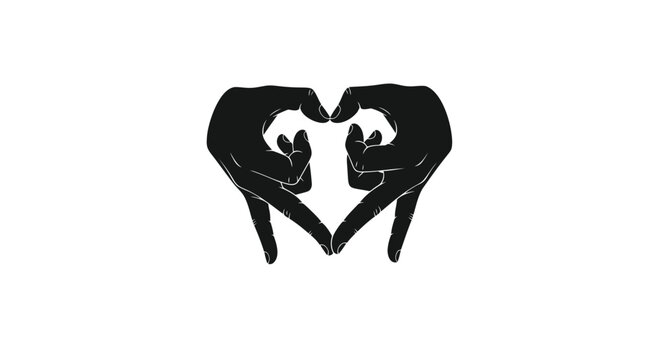 Two black silhouette hands forming a heart shape against a white background