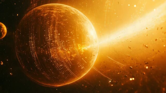Futuristic planet with glowing city lights in deep space