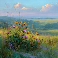 Colorful Summer Meadow With Wildflowers At Sunset