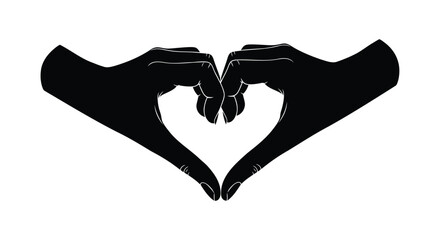 Fototapeta premium Two black silhouetted hands forming a heart shape against a white background