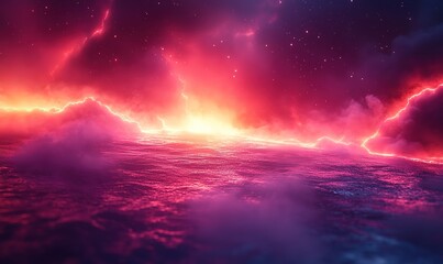 Fototapeta premium Ethereal pink purple cosmic ocean storm with dramatic lightning strikes