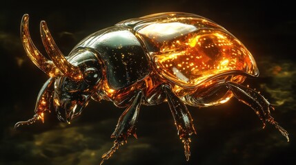 Rhinoceros Beetle, its horn like a polished piece of dark amber, carapace like tortoiseshell, surreal resinous gem texture, warm, glowing light from within amber