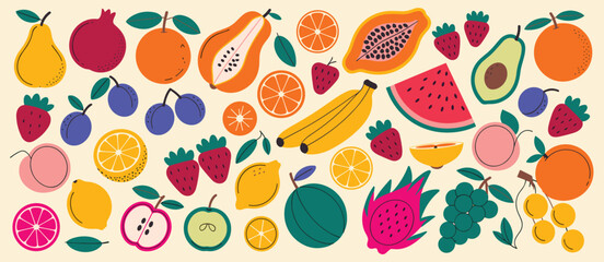 Assortment of Colorful Flat Design Fruits and Berries on a Light Background food healthy