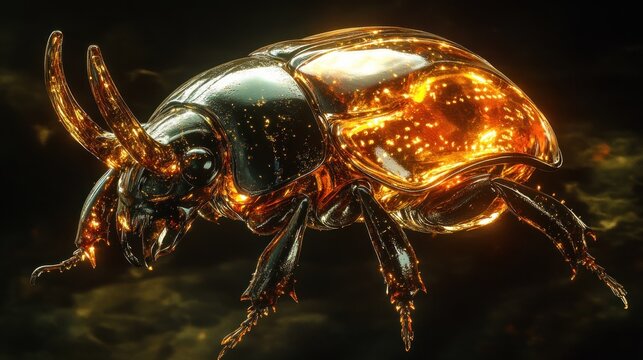 Rhinoceros Beetle, its horn like a polished piece of dark amber, carapace like tortoiseshell, surreal resinous gem texture, warm, glowing light from within amber