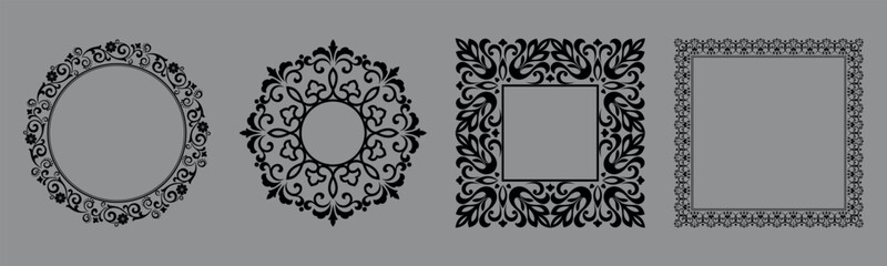 Set of decorative frames Elegant vector element for design in Eastern style, place for text. Floral black and gray borders. Lace illustration for invitations and greeting cards