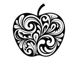 Black Silhouette of an Apple Filled with Intricate Swirling Decorative Patterns Keywords: apple, fruit, food, silhouette, black, white, design