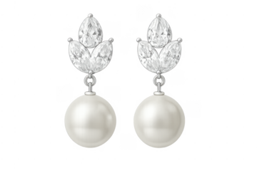 Pearl and diamond earrings with transparent background