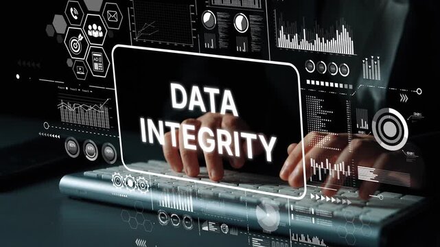 Businessman with digital interface displaying data integrity concept in modern office, technology and cybersecurity theme. Asymptotic smart data analytic.