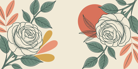 Delicate floral branches with roses and abstract shapes on a neutral background flower leaf