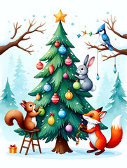 Cute forest animals celebrate Christmas with gifts, tea and decorations near a festive tree in snowy woods.