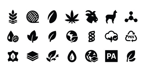 nature, material, organic, agriculture, wool, bean, leaf, hemp, goat, llama, molecule, water, cotton, leather, layers, recycling, pes, pa, symbol, graphic, icon, set, collection, black and white