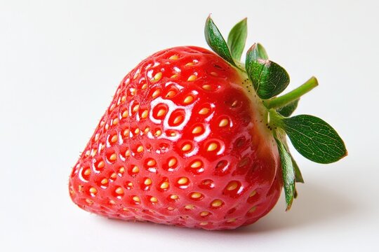 A ripe, red strawberry with green leaves on top, set against a white background.
