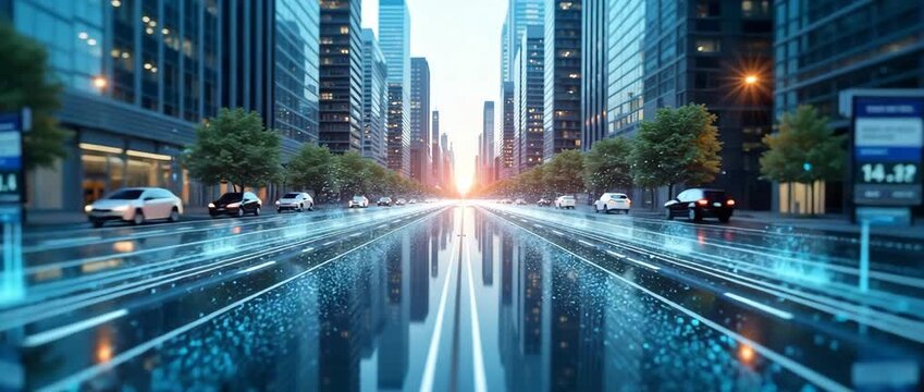 Futuristic cityscape with digital data streams flowing alongside moving cars, as the camera smoothly tracks forward, capturing the urban landscape and dynamic technology in a cinematic style. - Powered by Adobe