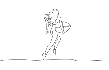 Continuous one line drawing of woman running with surfboard on beach, active lifestyle, healthy living, adventure concept, single line art.