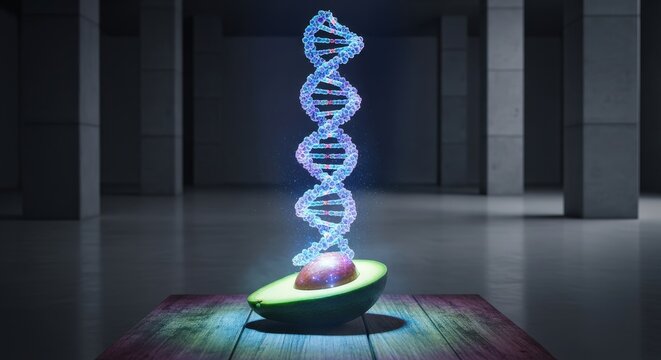 Avocado half with glowing dna helix emerging from seed symbolizing genetic health