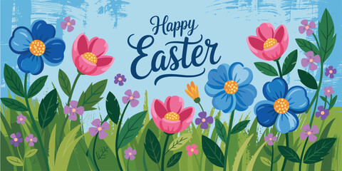Happy Easter greeting with colorful flowers and green grass on a blue background spring