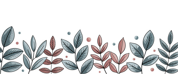 Horizontal Border Of Stylized Leaves And Dots In Blue And Pink Hues On White Background branches