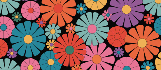Retro psychedelic floral pattern with vibrant multi-colored daisy-like flowers on black Keywords: floral, pattern, retro, psychedelic, 1960s, 1970s