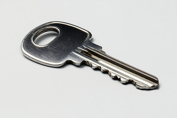 A single metallic key is placed on clean gray background with simple minimal style
