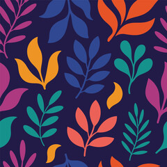 Seamless Pattern of Colorful Abstract Botanical Leaves on Dark Navy Blue vector illustration