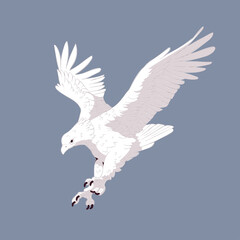 Majestic white eagle soaring downwards with outstretched wings against a soft conveying freedom and power in a minimalist artistic style illustration