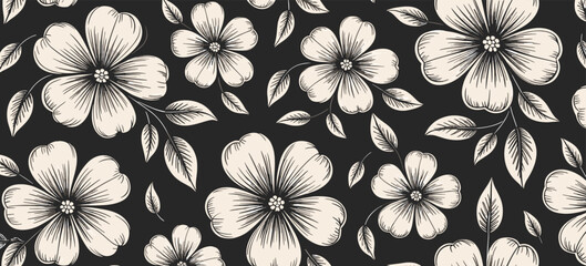 Seamless Pattern of Delicate Hand Drawn Flowers and Leaves on Black Background floral leaf