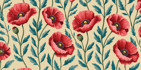 Seamless Pattern of Red Poppies and Green Leaves on a Cream Background poppy flower