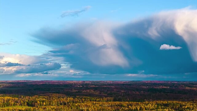 Giant cloud layer over rural countryside forest in Latvia time lapse