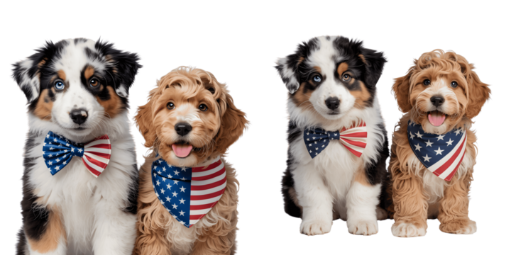 Set for Two Adorable Pairs of Puppies in Patriotic Bandanas isolated on transparent background - Powered by Adobe