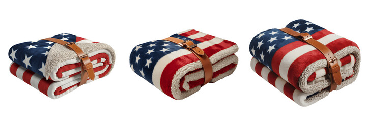 Obraz premium Set for Three Rolled American Flag Blankets with Leather Straps isolated on transparent background