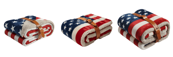 Set for Three Rolled American Flag Blankets with Leather Straps isolated on transparent background