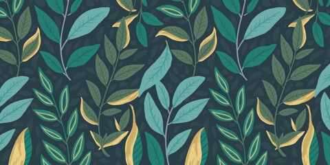 Seamless Pattern of Teal Green and Yellow Leaves on Dark Teal Background foliage botanical
