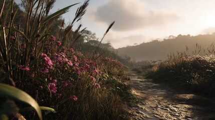 Pink Flowers By A Stream In Morning Light