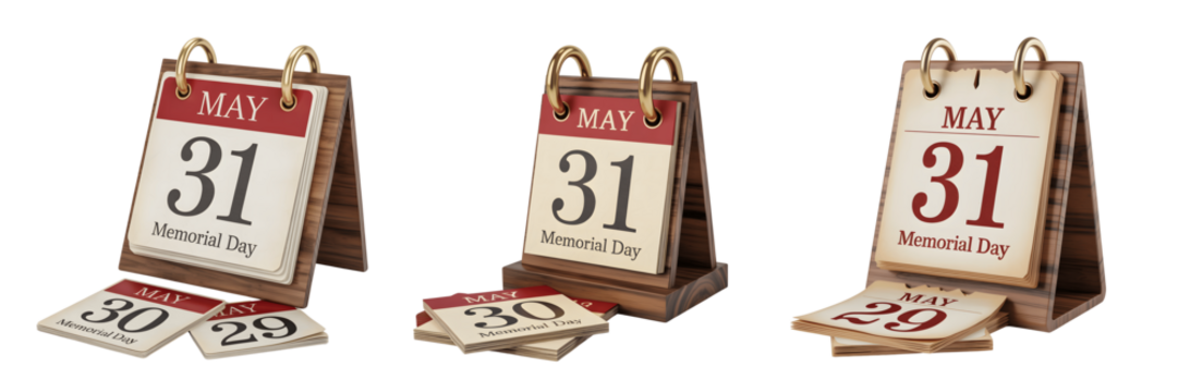 Set for Vintage Wooden Desk Calendar Showing May 31st isolated on transparent background - Powered by Adobe